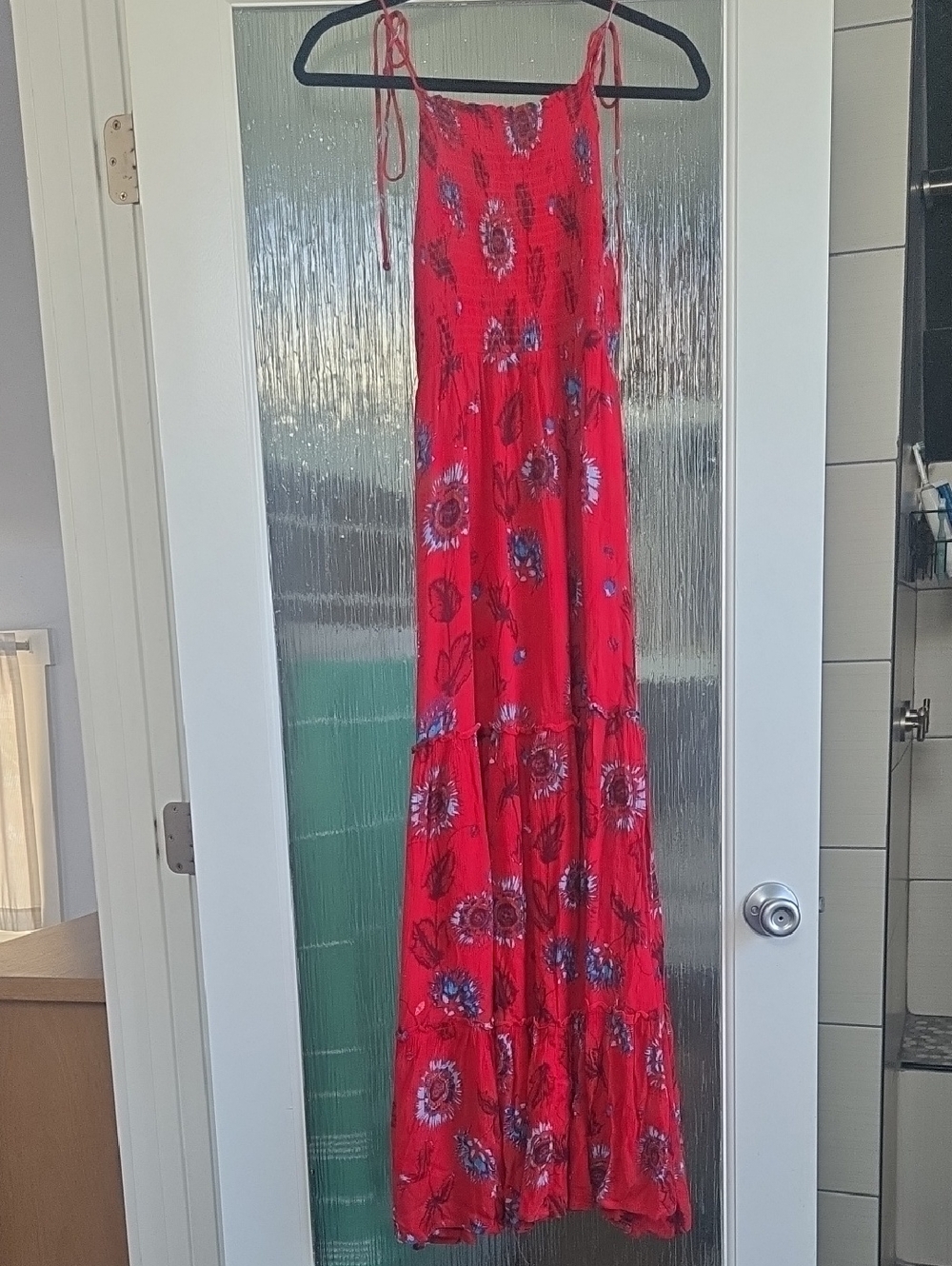 Free People Red Smocked Dress with Blue Accents